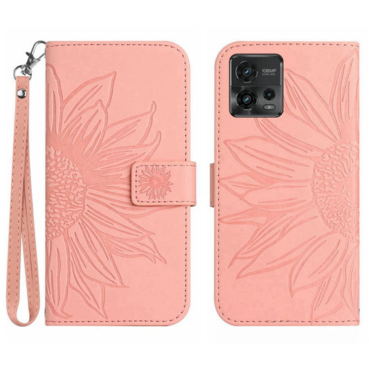 Skin-Touch Feeling Magnetic Flip Phone Case for Motorola Moto G72 5G, Splash Resistant Imprinted Sunflower Stand PU Leather Wallet Cover with Strap - Light Pink