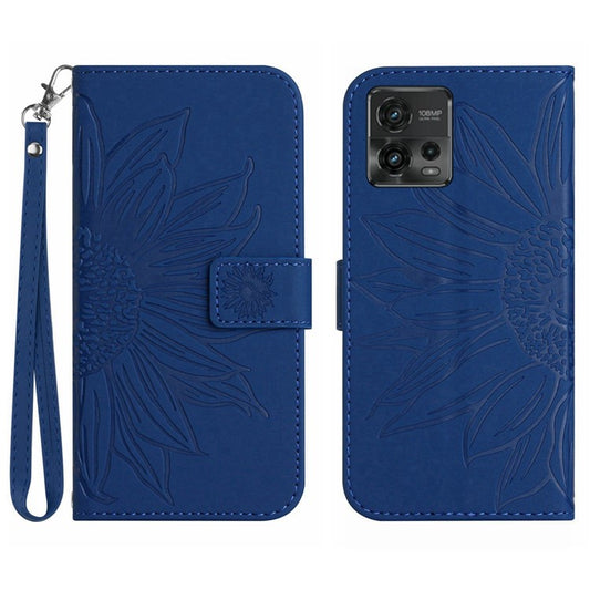 Skin-Touch Feeling Magnetic Flip Phone Case for Motorola Moto G72 5G, Splash Resistant Imprinted Sunflower Stand PU Leather Wallet Cover with Strap - Sapphire