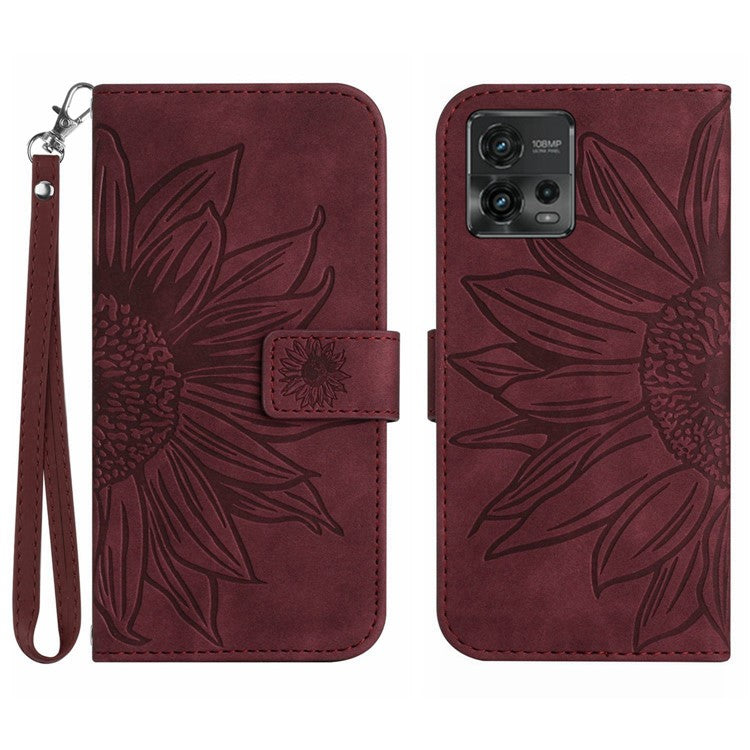 Skin-Touch Feeling Magnetic Flip Phone Case for Motorola Moto G72 5G, Splash Resistant Imprinted Sunflower Stand PU Leather Wallet Cover with Strap - Wine Red