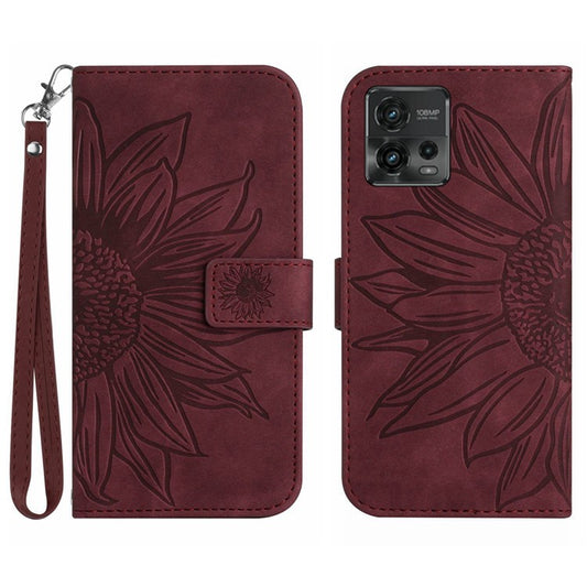 Skin-Touch Feeling Magnetic Flip Phone Case for Motorola Moto G72 5G, Splash Resistant Imprinted Sunflower Stand PU Leather Wallet Cover with Strap - Wine Red