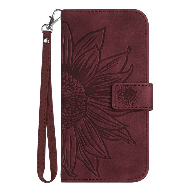 Skin-Touch Feeling Magnetic Flip Phone Case for Motorola Moto G72 5G, Splash Resistant Imprinted Sunflower Stand PU Leather Wallet Cover with Strap - Wine Red