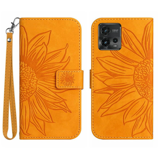 Skin-Touch Feeling Magnetic Flip Phone Case for Motorola Moto G72 5G, Splash Resistant Imprinted Sunflower Stand PU Leather Wallet Cover with Strap - Yellow