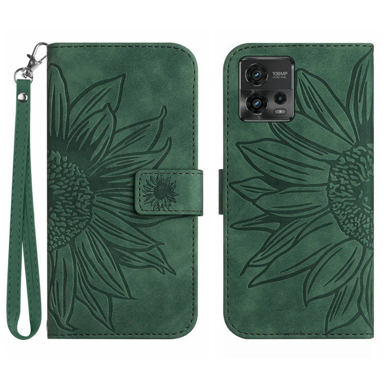 Skin-Touch Feeling Magnetic Flip Phone Case for Motorola Moto G72 5G, Splash Resistant Imprinted Sunflower Stand PU Leather Wallet Cover with Strap - Dark Green