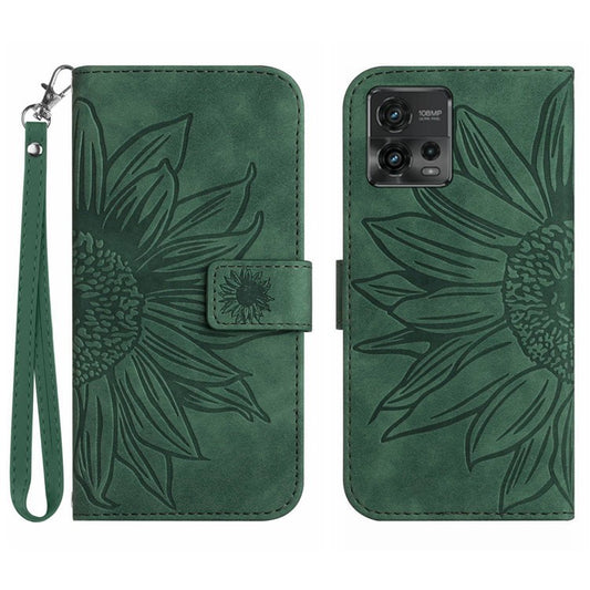 Skin-Touch Feeling Magnetic Flip Phone Case for Motorola Moto G72 5G, Splash Resistant Imprinted Sunflower Stand PU Leather Wallet Cover with Strap - Dark Green