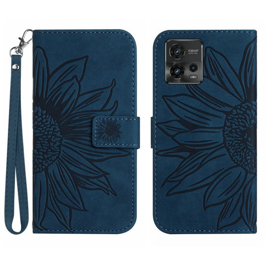 Skin-Touch Feeling Magnetic Flip Phone Case for Motorola Moto G72 5G, Splash Resistant Imprinted Sunflower Stand PU Leather Wallet Cover with Strap - Dark Blue