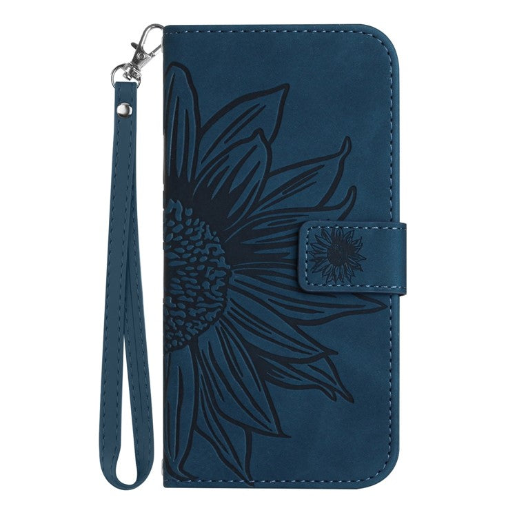 Skin-Touch Feeling Magnetic Flip Phone Case for Motorola Moto G72 5G, Splash Resistant Imprinted Sunflower Stand PU Leather Wallet Cover with Strap - Dark Blue