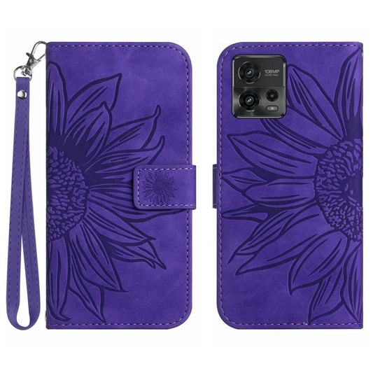 Skin-Touch Feeling Magnetic Flip Phone Case for Motorola Moto G72 5G, Splash Resistant Imprinted Sunflower Stand PU Leather Wallet Cover with Strap - Dark Purple