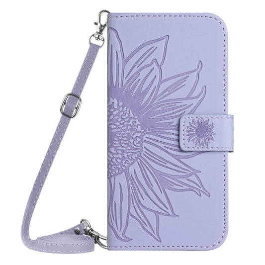 For Xiaomi Poco F4 GT / Redmi K50 Gaming 5G HT04 Sunflower Imprinted PU Leather Anti-drop Stand Case Skin-touch Anti-scratch Phone Wallet Cover with Shoulder Strap - Light Purple