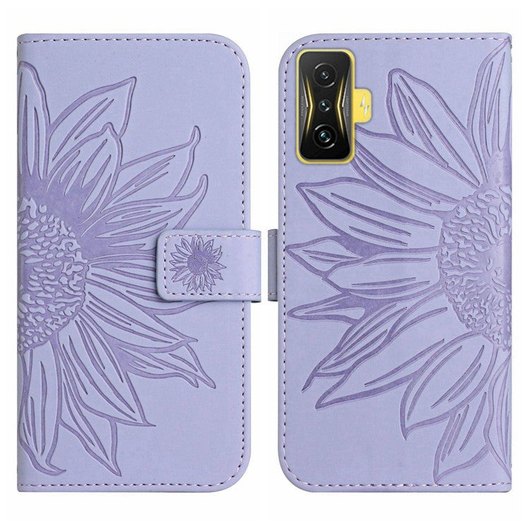 For Xiaomi Poco F4 GT / Redmi K50 Gaming 5G HT04 Sunflower Imprinted PU Leather Anti-drop Stand Case Skin-touch Anti-scratch Phone Wallet Cover with Shoulder Strap - Light Purple