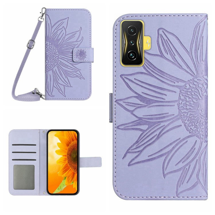 For Xiaomi Poco F4 GT / Redmi K50 Gaming 5G HT04 Sunflower Imprinted PU Leather Anti-drop Stand Case Skin-touch Anti-scratch Phone Wallet Cover with Shoulder Strap - Light Purple
