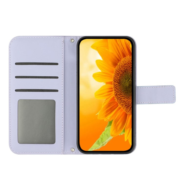 For Xiaomi Poco F4 GT / Redmi K50 Gaming 5G HT04 Sunflower Imprinted PU Leather Anti-drop Stand Case Skin-touch Anti-scratch Phone Wallet Cover with Shoulder Strap - Light Purple