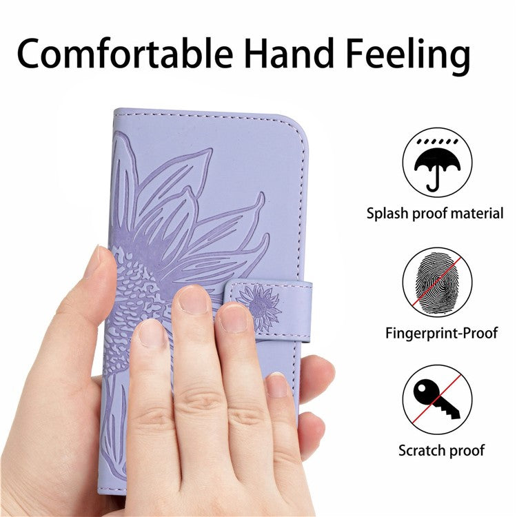 For Xiaomi Poco F4 GT / Redmi K50 Gaming 5G HT04 Sunflower Imprinted PU Leather Anti-drop Stand Case Skin-touch Anti-scratch Phone Wallet Cover with Shoulder Strap - Light Purple