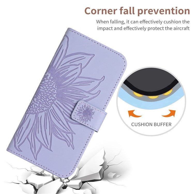 For Xiaomi Poco F4 GT / Redmi K50 Gaming 5G HT04 Sunflower Imprinted PU Leather Anti-drop Stand Case Skin-touch Anti-scratch Phone Wallet Cover with Shoulder Strap - Light Purple