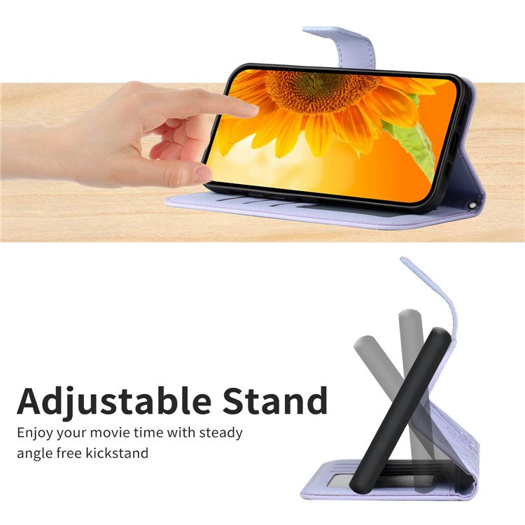 For Xiaomi Poco F4 GT / Redmi K50 Gaming 5G HT04 Sunflower Imprinted PU Leather Anti-drop Stand Case Skin-touch Anti-scratch Phone Wallet Cover with Shoulder Strap - Light Purple
