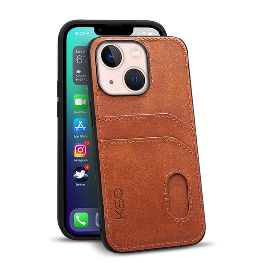 KSQ Style-C For iPhone 14 Plus PU Leather Coated TPU Back Cover Card Holder Design Phone Drop-proof Case - Brown