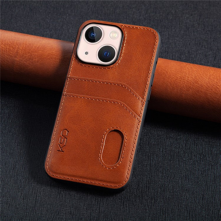 KSQ Style-C For iPhone 14 Plus PU Leather Coated TPU Back Cover Card Holder Design Phone Drop-proof Case - Brown