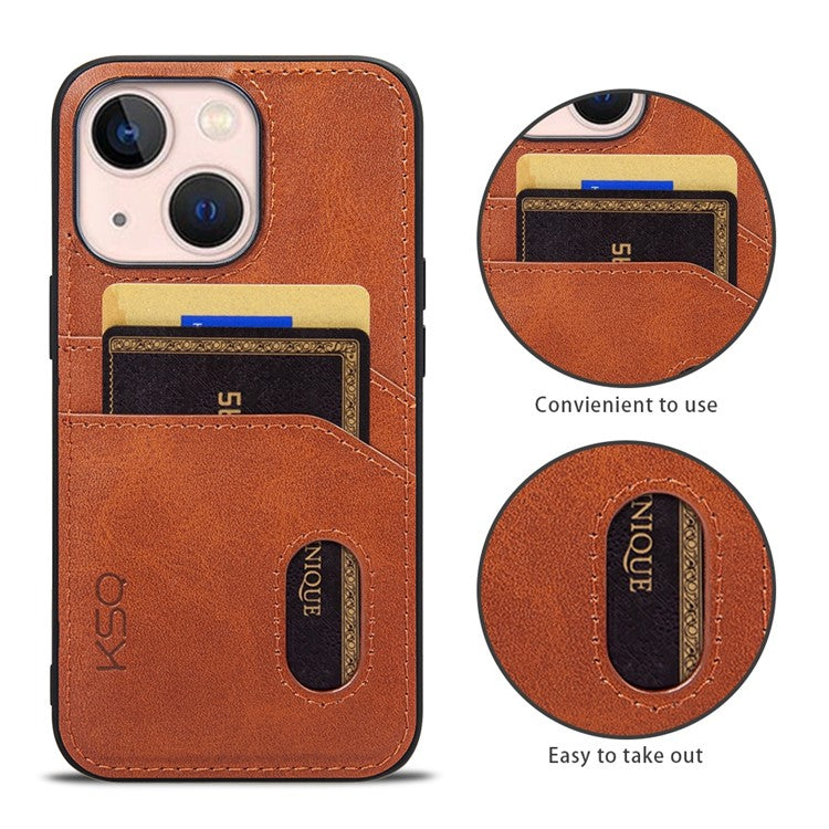 KSQ Style-C For iPhone 14 Plus PU Leather Coated TPU Back Cover Card Holder Design Phone Drop-proof Case - Brown