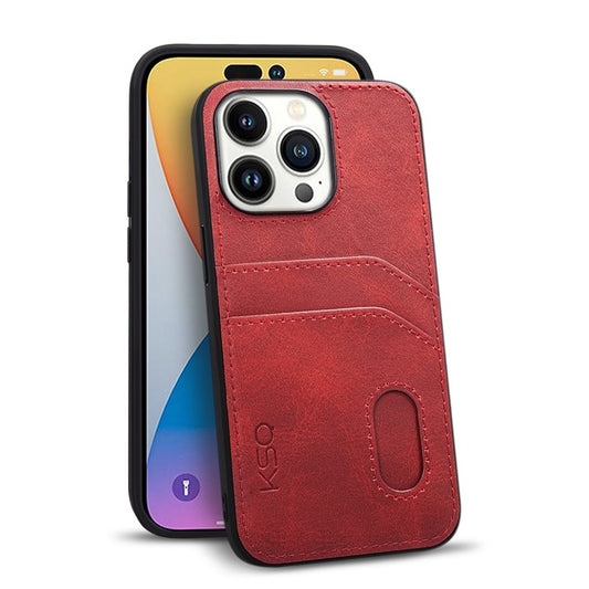 KSQ Style-C For iPhone 14 Pro Max Protective Case PU Leather Coated TPU Back Cover with 2 Card Slots - Red
