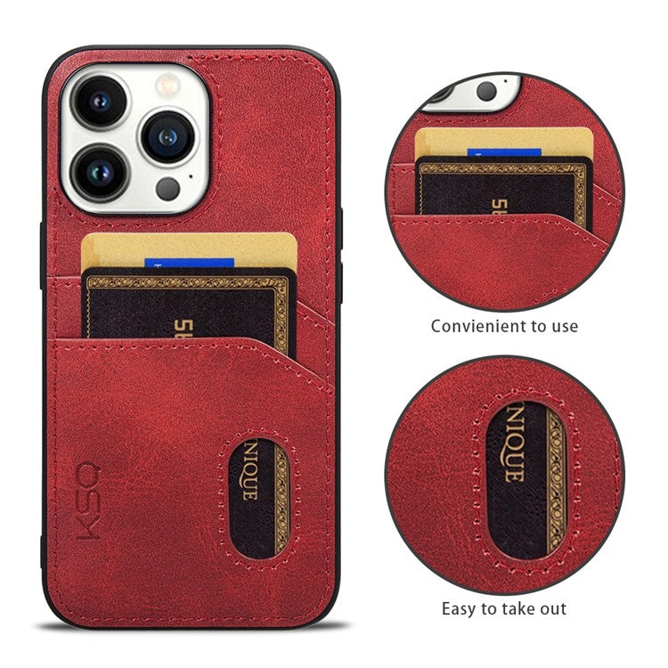 KSQ Style-C For iPhone 14 Pro Max Protective Case PU Leather Coated TPU Back Cover with 2 Card Slots - Red