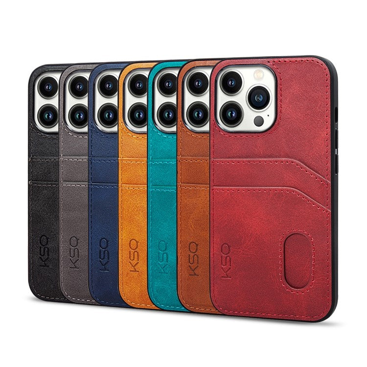 KSQ Style-C For iPhone 14 Pro Max Protective Case PU Leather Coated TPU Back Cover with 2 Card Slots - Red