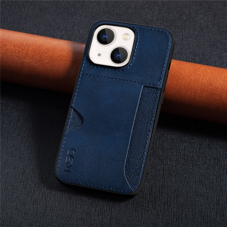 KSQ Style-D For iPhone 14 Single Card Slot PU Leather Coated TPU+Cloth Protective Cover Phone Back Case - Blue
