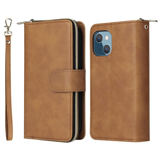 Anti-scratch PU Leather Phone Case For iPhone 14 Plus, 9 Card Holder Slots Magnetic Closure Zipper Pocket Flip Wallet Cover Stand with Strap - Brown