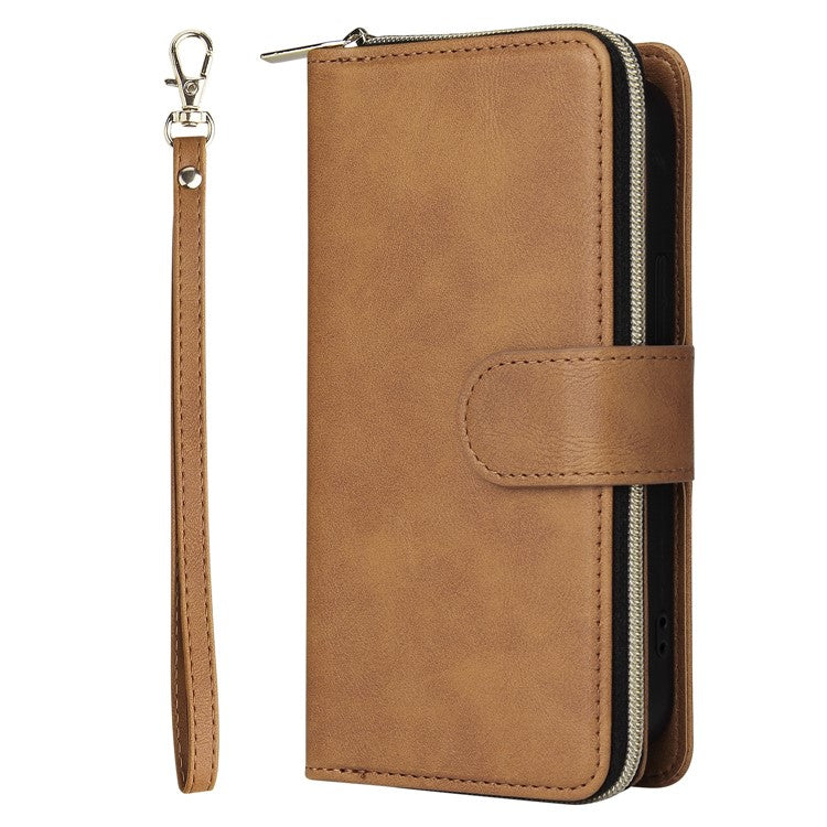 Anti-scratch PU Leather Phone Case For iPhone 14 Plus, 9 Card Holder Slots Magnetic Closure Zipper Pocket Flip Wallet Cover Stand with Strap - Brown