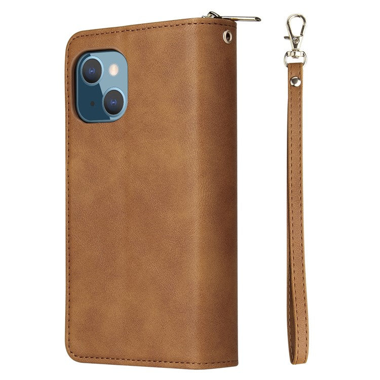 Anti-scratch PU Leather Phone Case For iPhone 14 Plus, 9 Card Holder Slots Magnetic Closure Zipper Pocket Flip Wallet Cover Stand with Strap - Brown