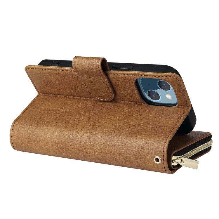 Anti-scratch PU Leather Phone Case For iPhone 14 Plus, 9 Card Holder Slots Magnetic Closure Zipper Pocket Flip Wallet Cover Stand with Strap - Brown
