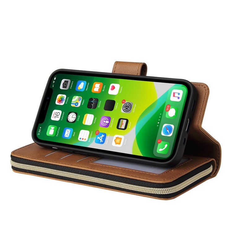 Anti-scratch PU Leather Phone Case For iPhone 14 Plus, 9 Card Holder Slots Magnetic Closure Zipper Pocket Flip Wallet Cover Stand with Strap - Brown