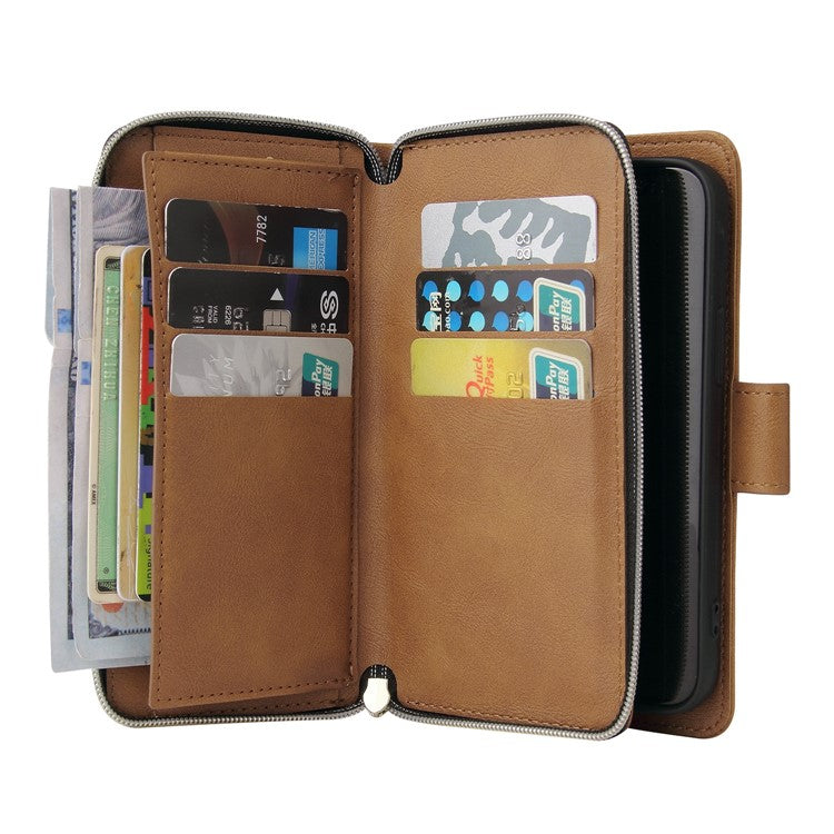 Anti-scratch PU Leather Phone Case For iPhone 14 Plus, 9 Card Holder Slots Magnetic Closure Zipper Pocket Flip Wallet Cover Stand with Strap - Brown