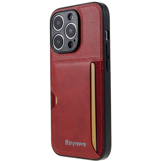 Card Slot Design Phone Case for iPhone 14 Pro, PU Leather+TPU+PC Anti-scratch Dustproof Protective Cover - Red