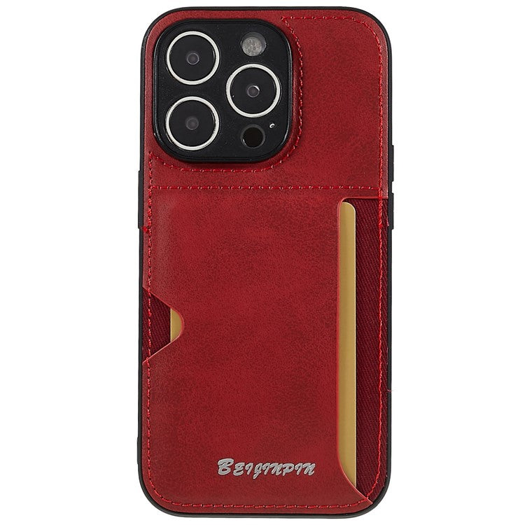 Card Slot Design Phone Case for iPhone 14 Pro, PU Leather+TPU+PC Anti-scratch Dustproof Protective Cover - Red