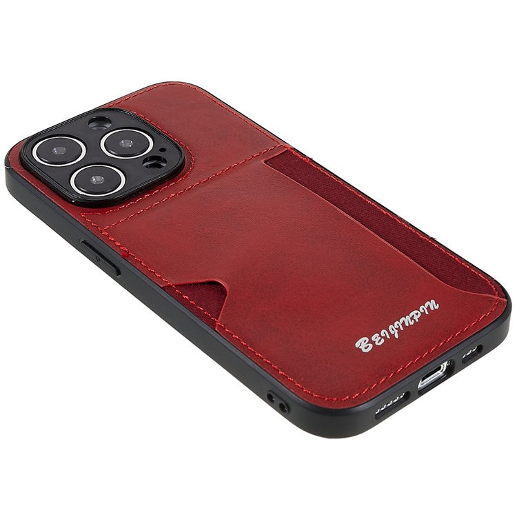 Card Slot Design Phone Case for iPhone 14 Pro, PU Leather+TPU+PC Anti-scratch Dustproof Protective Cover - Red