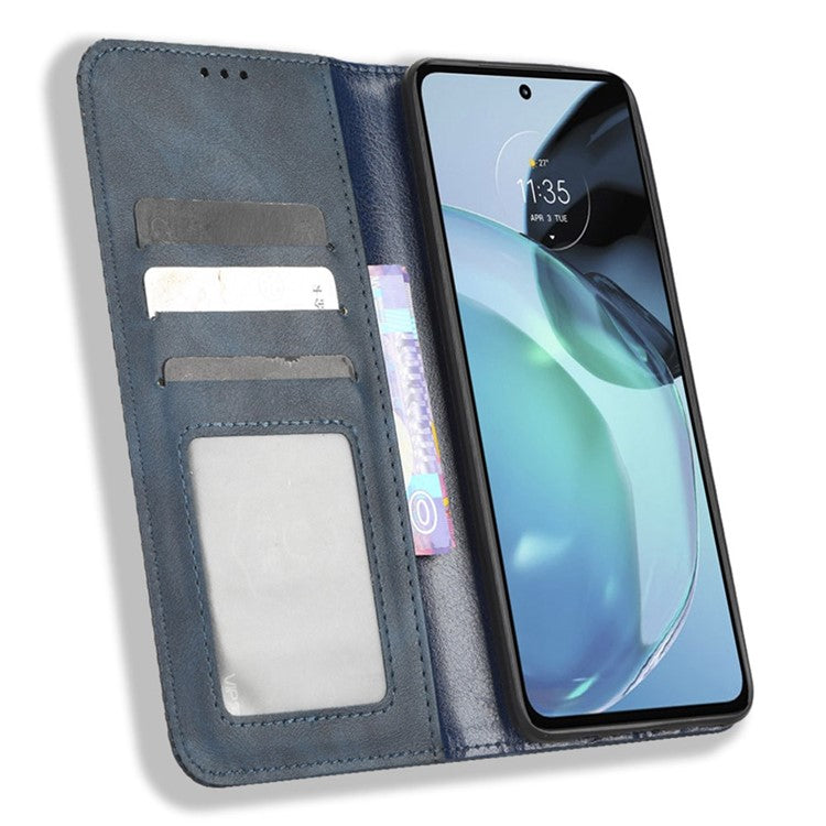 Retro Texture Imprinted Phone Case For Motorola Moto G72 4G, PU Leather Wallet Stand Magnetic Auto-absorbed Drop-proof Phone Cover - Blue