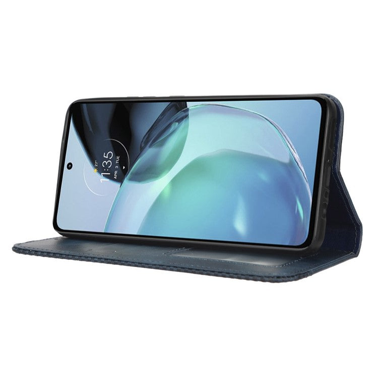 Retro Texture Imprinted Phone Case For Motorola Moto G72 4G, PU Leather Wallet Stand Magnetic Auto-absorbed Drop-proof Phone Cover - Blue