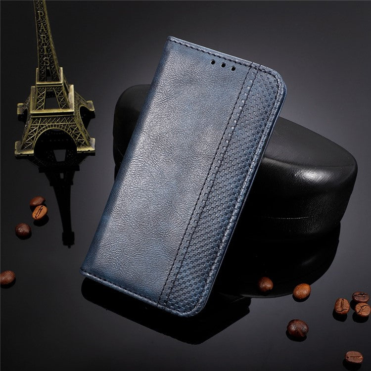 Retro Texture Imprinted Phone Case For Motorola Moto G72 4G, PU Leather Wallet Stand Magnetic Auto-absorbed Drop-proof Phone Cover - Blue