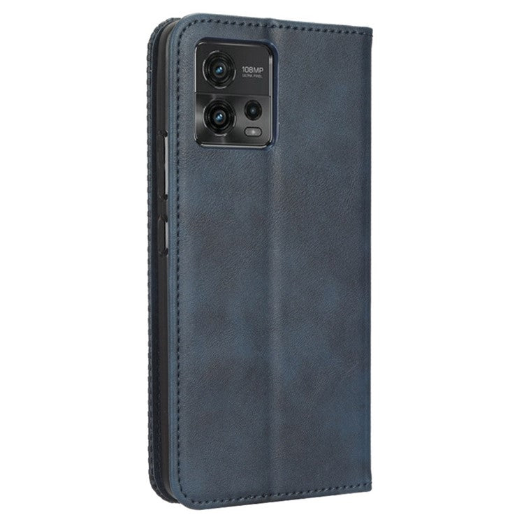 Retro Texture Imprinted Phone Case For Motorola Moto G72 4G, PU Leather Wallet Stand Magnetic Auto-absorbed Drop-proof Phone Cover - Blue