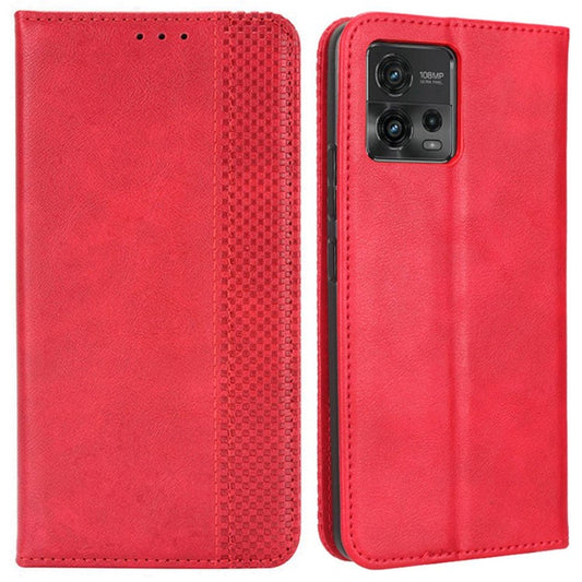 Retro Texture Imprinted Phone Case For Motorola Moto G72 4G, PU Leather Wallet Stand Magnetic Auto-absorbed Drop-proof Phone Cover - Red