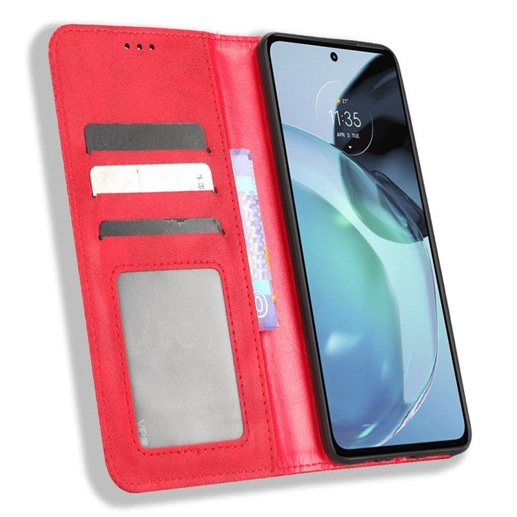 Retro Texture Imprinted Phone Case For Motorola Moto G72 4G, PU Leather Wallet Stand Magnetic Auto-absorbed Drop-proof Phone Cover - Red