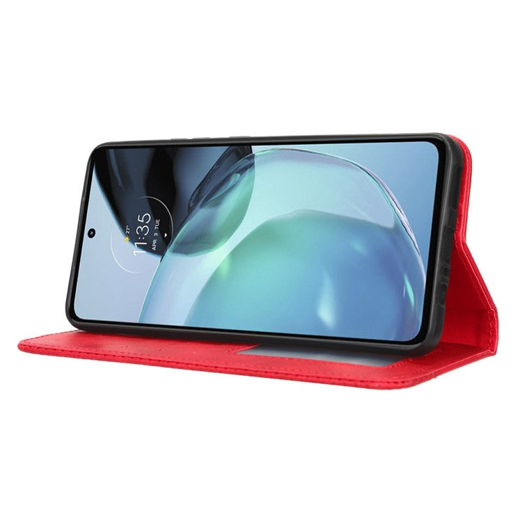 Retro Texture Imprinted Phone Case For Motorola Moto G72 4G, PU Leather Wallet Stand Magnetic Auto-absorbed Drop-proof Phone Cover - Red