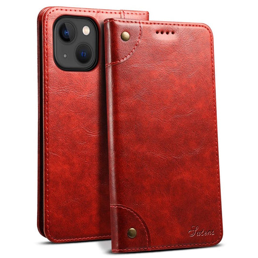 SUTENI For iPhone 14 Plus Anti-scratch Phone Stand Case PU Leather + TPU Wallet Magnetic Auto-absorbed Phone Cover - Red