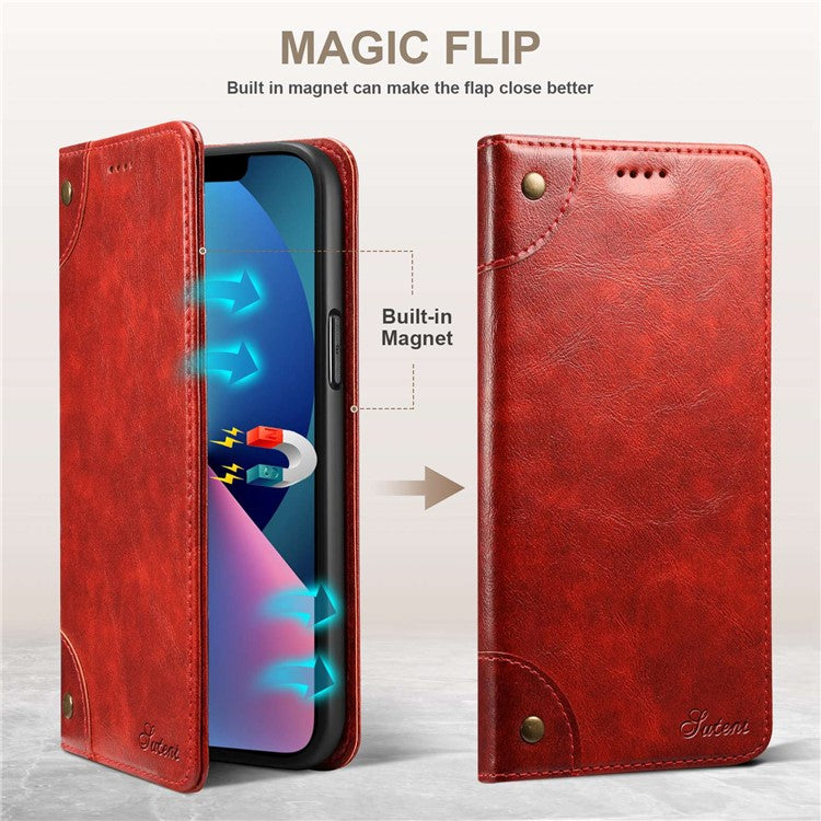 SUTENI For iPhone 14 Plus Anti-scratch Phone Stand Case PU Leather + TPU Wallet Magnetic Auto-absorbed Phone Cover - Red
