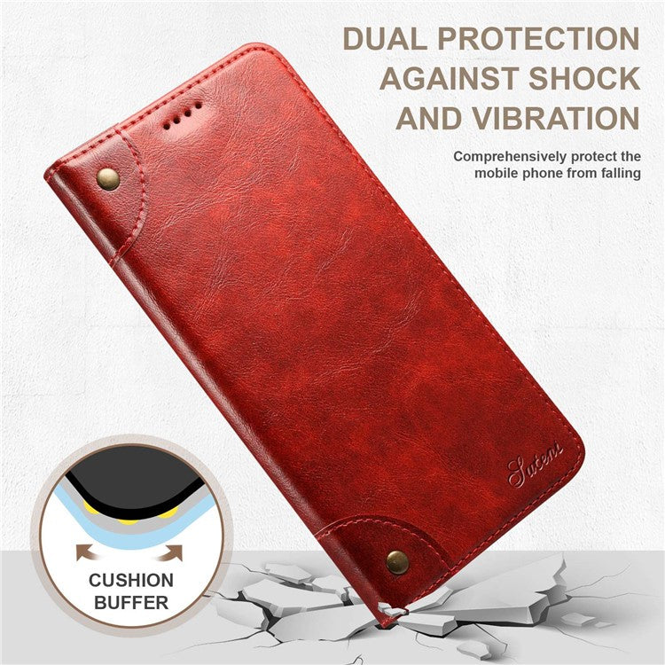 SUTENI For iPhone 14 Plus Anti-scratch Phone Stand Case PU Leather + TPU Wallet Magnetic Auto-absorbed Phone Cover - Red