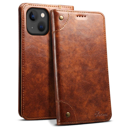 SUTENI For iPhone 14 Magnetic Auto Closing Phone Case PU Leather Stand Wallet Protective Cover - Light Brown