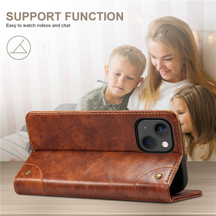 SUTENI For iPhone 14 Magnetic Auto Closing Phone Case PU Leather Stand Wallet Protective Cover - Light Brown