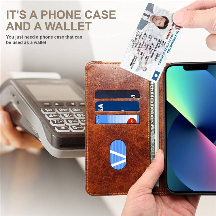 SUTENI For iPhone 14 Magnetic Auto Closing Phone Case PU Leather Stand Wallet Protective Cover - Light Brown