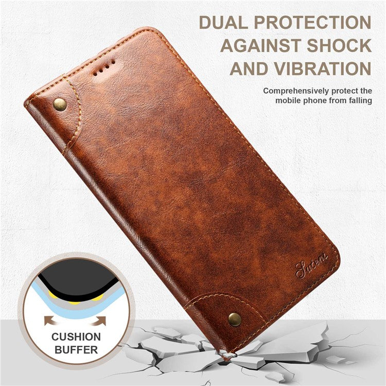 SUTENI For iPhone 14 Magnetic Auto Closing Phone Case PU Leather Stand Wallet Protective Cover - Light Brown