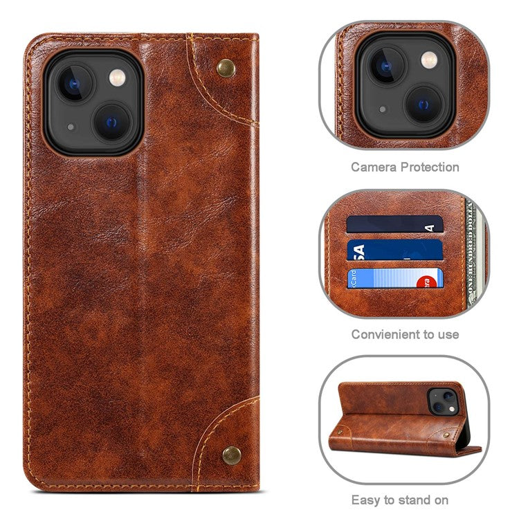 SUTENI For iPhone 14 Magnetic Auto Closing Phone Case PU Leather Stand Wallet Protective Cover - Light Brown
