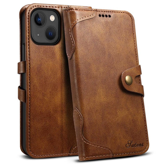 SUTENI Q03 Series Shockproof Phone Case for iPhone 14 Plus, PU Leather Button Closure Flip Stand Wallet Protective Cover - Brown